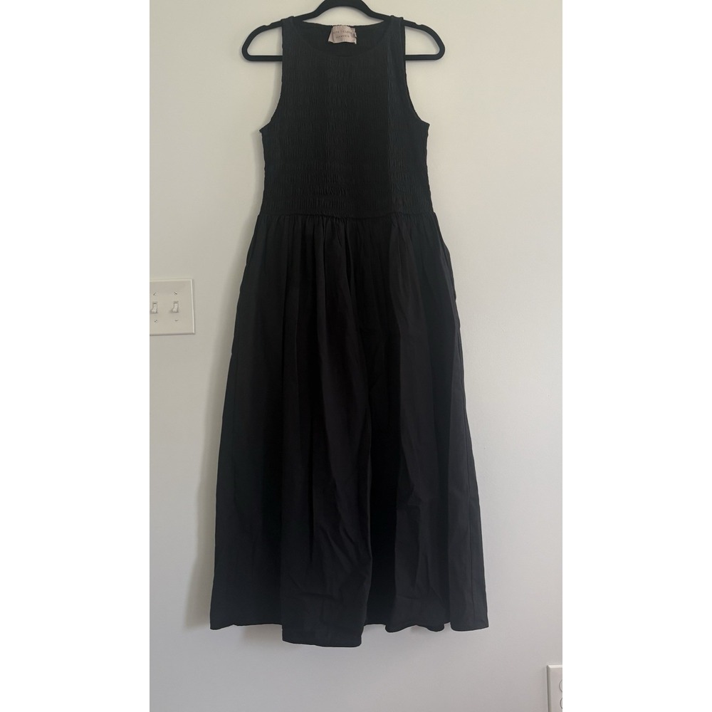WhiteCloset Black Smocked Top A-Line Midi Dress L Sleeveless Strappy Cotton